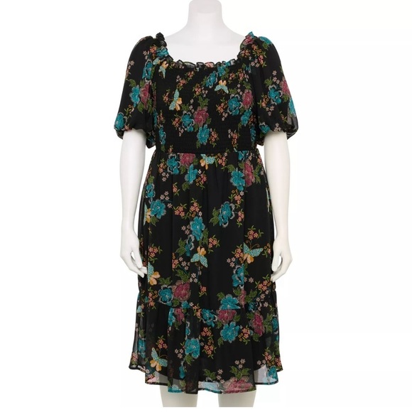 Lauren Conrad Plus Balloon Sleeve Smocked Midi Dress Sz XL Black Butterfly - Picture 1 of 14
